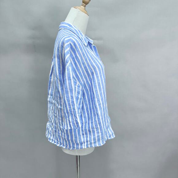 H&M blue striped linen 3/4 sleeve button up cropped top size Small boxy oversize - Picture 4 of 16